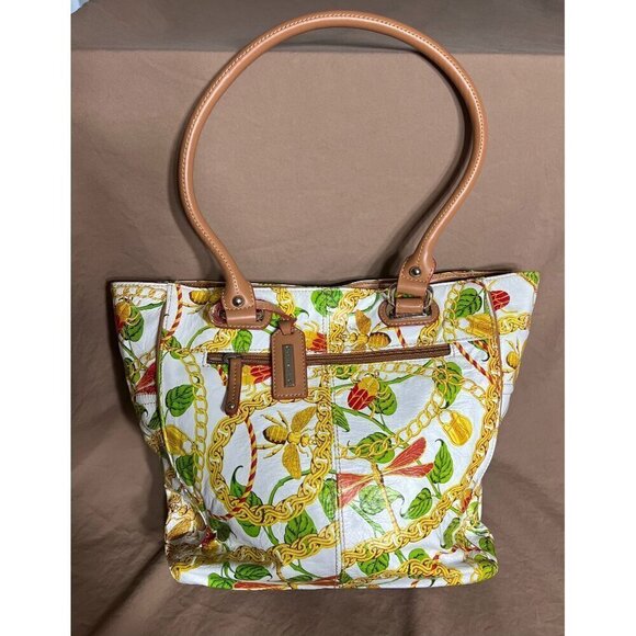 Tignanello Leather & Canvas Tote Bag Purse With Floral Insects & Chain Print - Picture 2 of 11